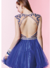 Regency Tulle Beaded Jewel Neckline Key Hole Back Knee Length Prom Dress 